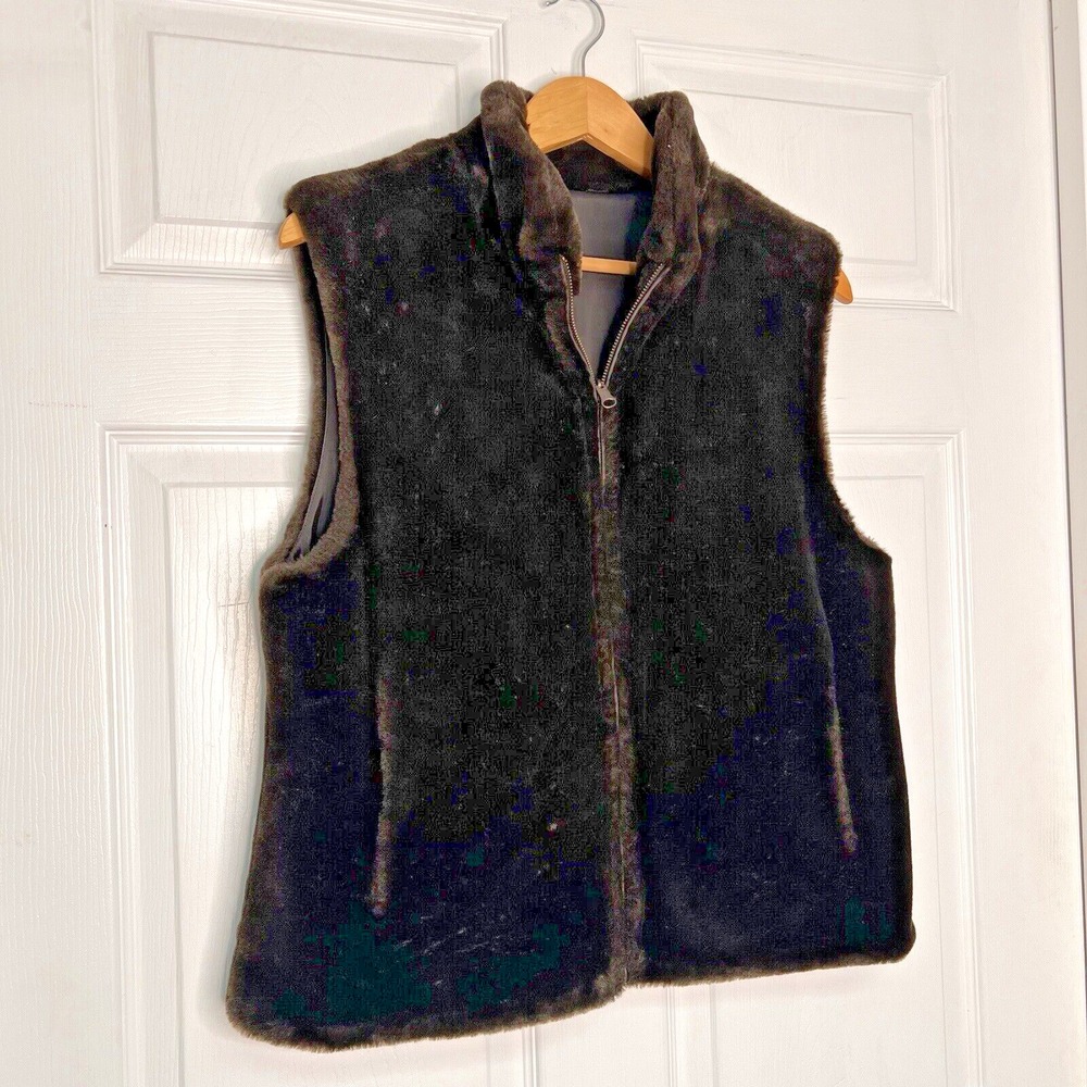 VTG Blassport Womens M Brown Reversible Vest Faux Fur Full Zip Mock Neck Classic - Picture 2 of 12